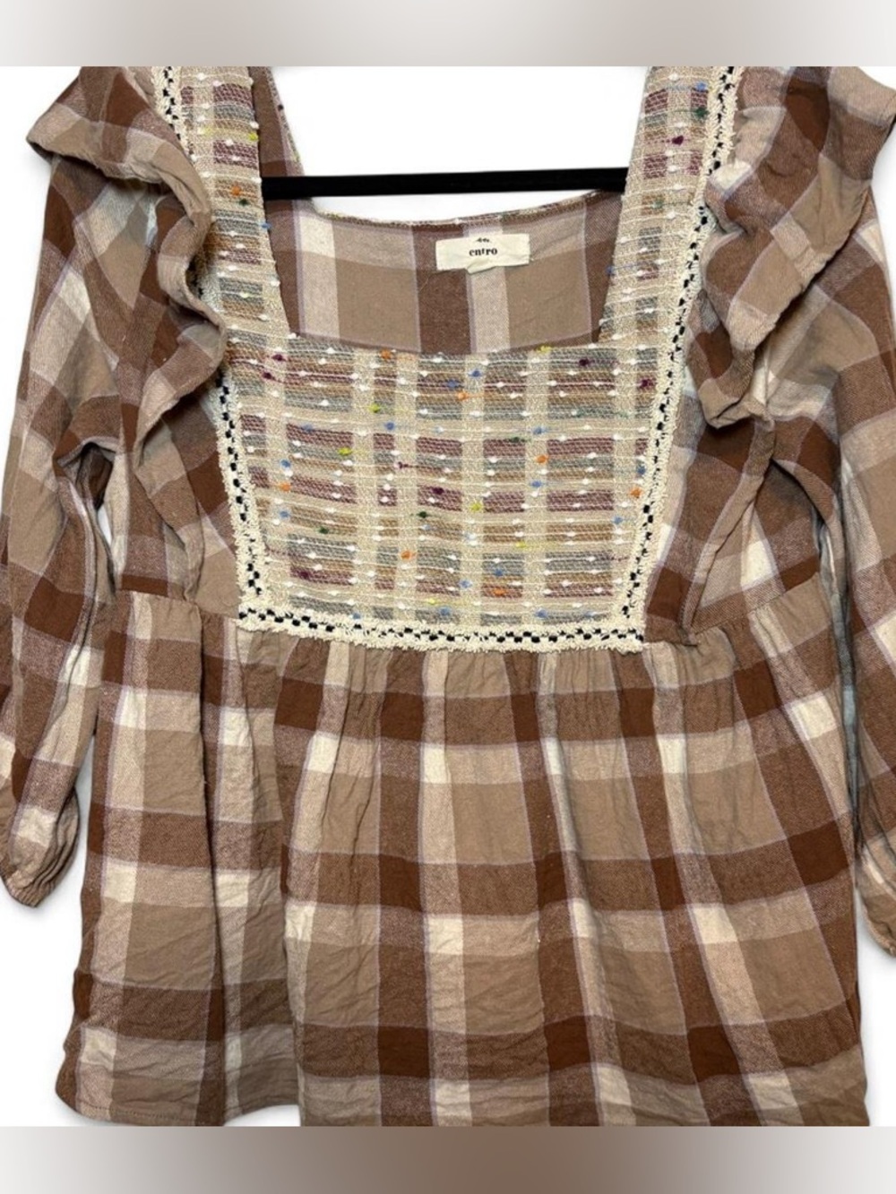 entro Brown and Cream Plaid Ruffle Peasant Top - Picture 2 of 7